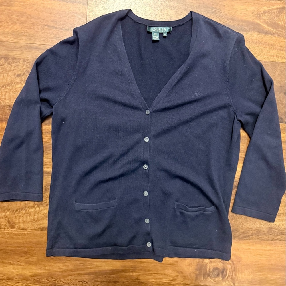 Ralph Lauren Silk Navy V-Neck Button Front Cardigan
